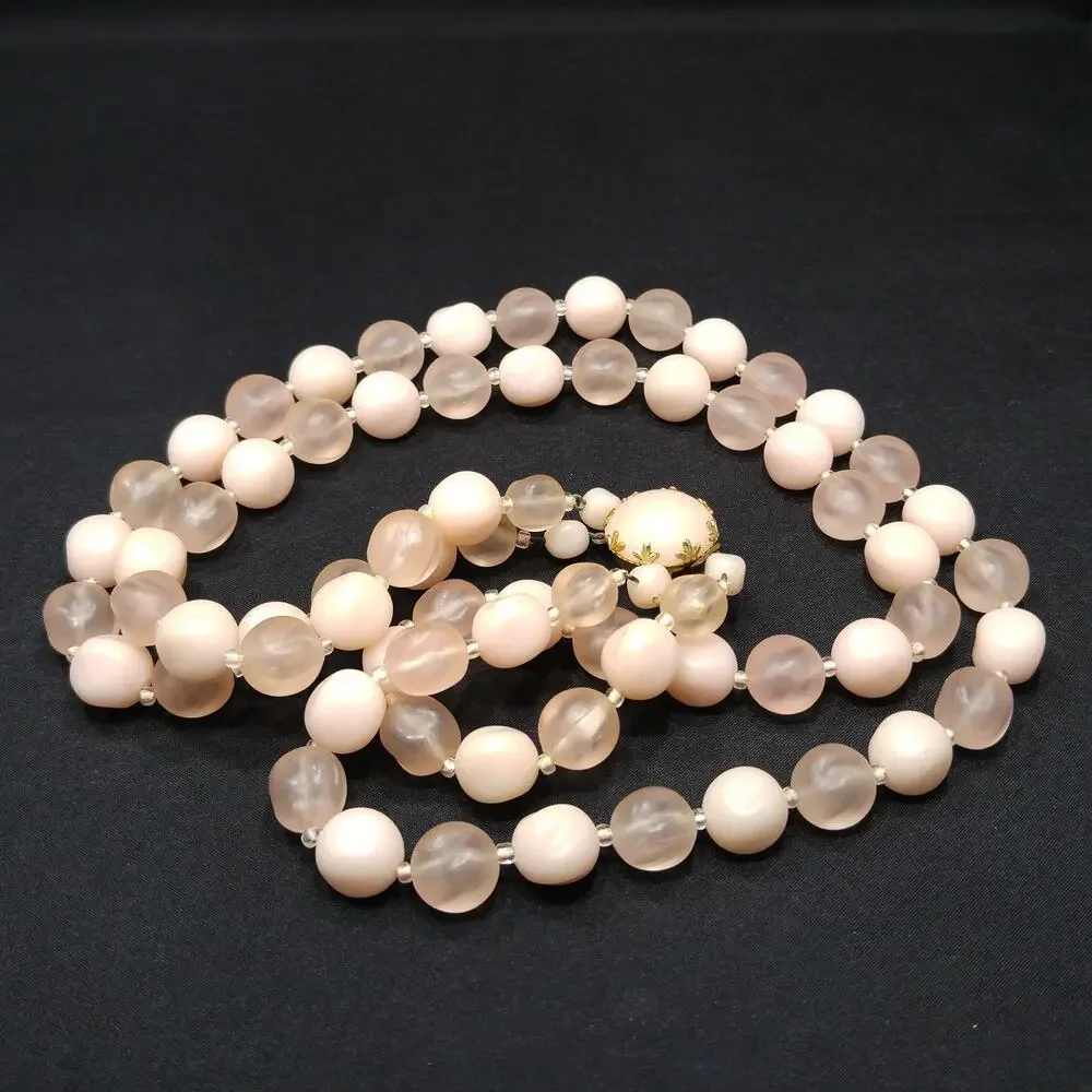 Vintage Austria Pink Lucite Bead Necklace Two Strand Frosted & Matte 1950s